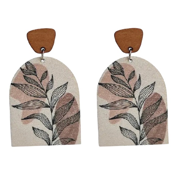 Neutral Leaf Print Wooden Drop Earrings – Lightweight Nature-Inspired Style - Picture 1 of 1